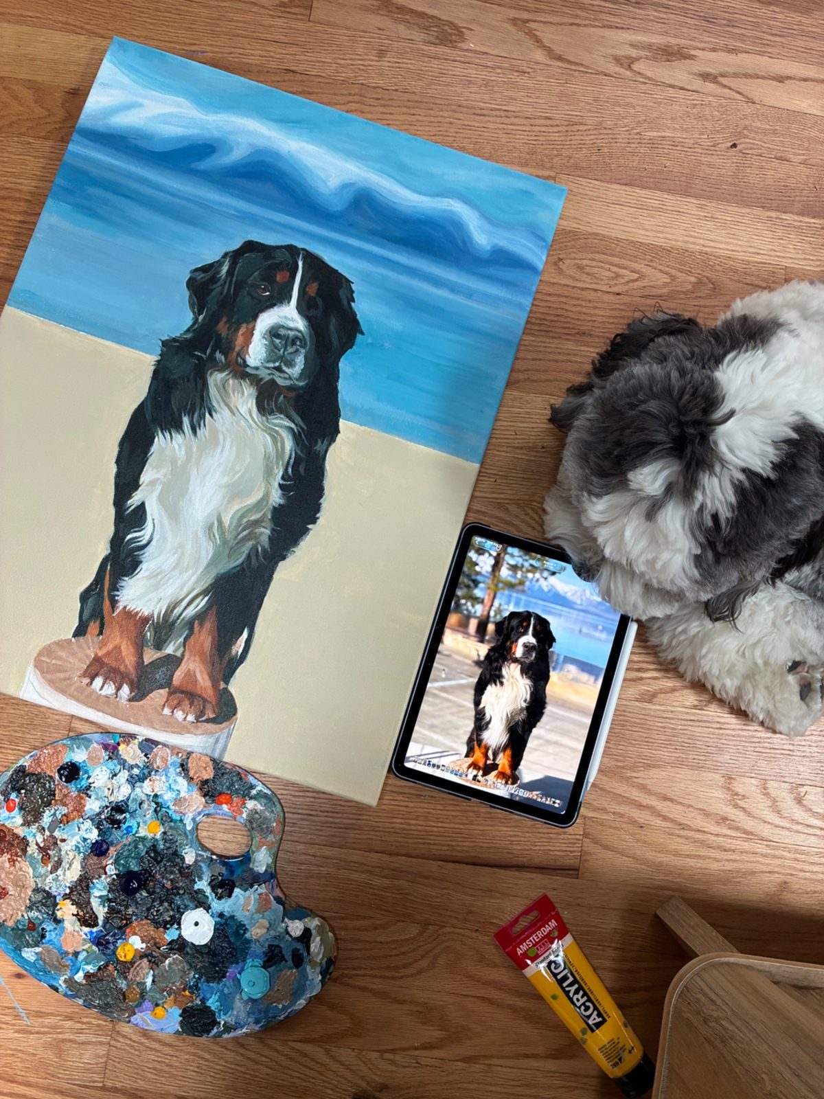 A portrait of Bentley the Bernese Mountain Dog in progress on the studio floor, next to the reference photo on a tablet, a well-used paint palette, and Max, a fluffy grey and white dog, napping beside it