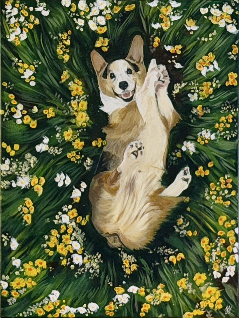 Painted portrait of Gatsby, a Corgi